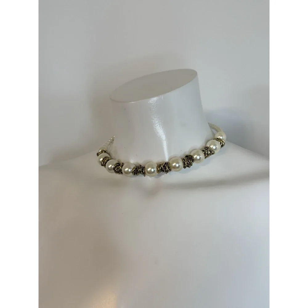 Faux Pearl Choker‎ Necklace Bridal Head Piece Antique Gold Tone Vintage One Size